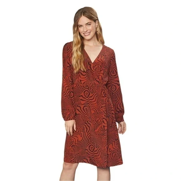 Modcloth | Dresses | Modcloth Passionate Print Wrap Dress Navy Rust Wrap Long  Sleeve Dress New | Poshmark